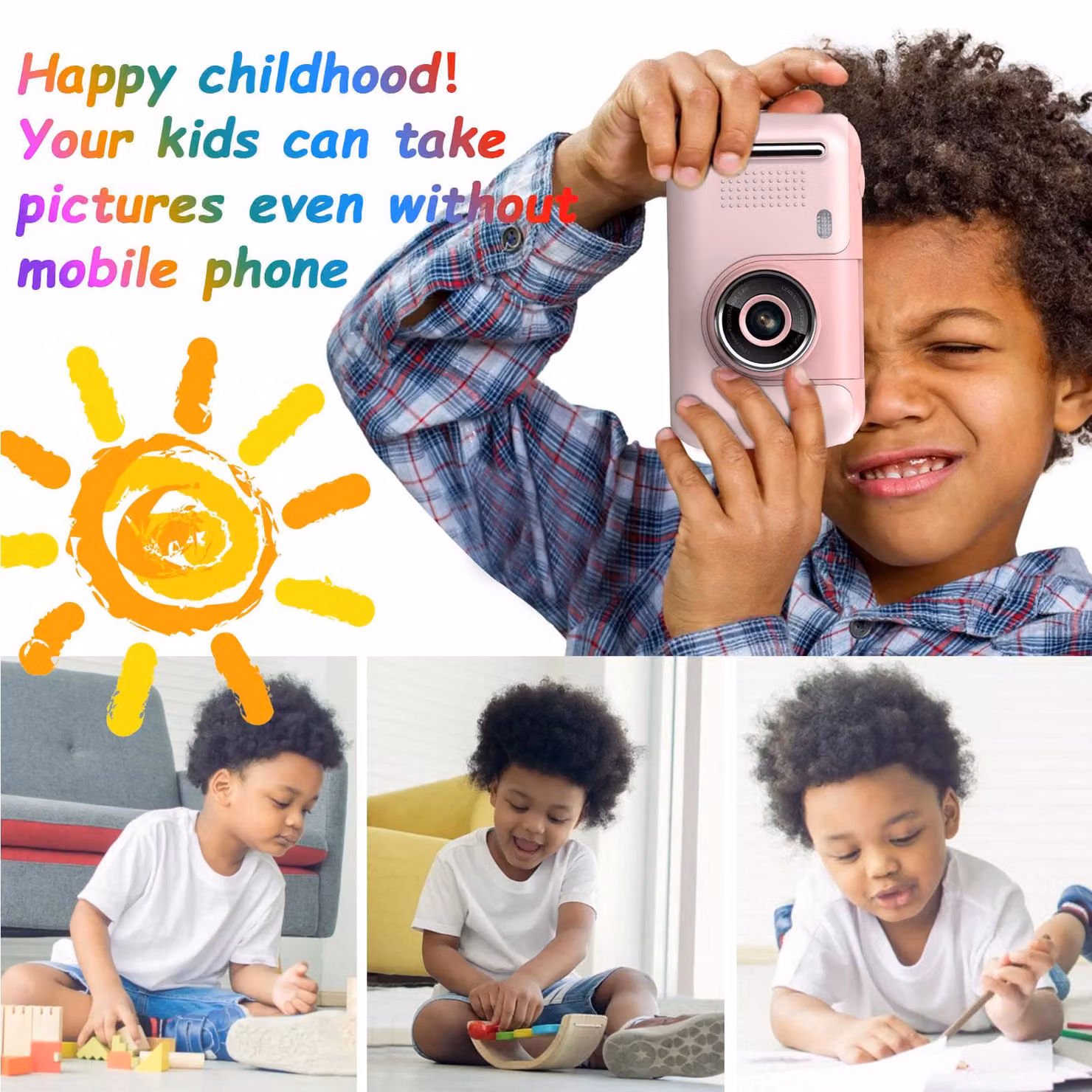 Videocamera digitale per bambini con funzione selfie e rotazione a 180°, giocattolo, colore rosa