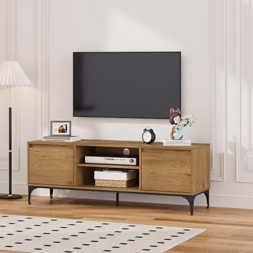 [en.casa] Mobile Porta TV a Vani Chiusi con Ante e Scomparti Aperti Tavolo Basso Stand Multimediale con Fori Passacavi 140 x 40 x 50 cm per Soggiorno Salotto - Effetto Rovere Scuro