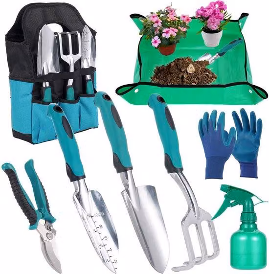 Set di 8 utensili da giardino Unyqoos®: lega di alluminio, impugnature ergonomiche in TPR, borsa di stoccaggio con 6 scomparti elastici e telo protettivo impermeabile per piante, dimensioni 29,5 x 29,5 pollici