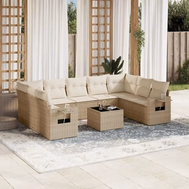 Set Divano da Giardino vidaXL in Polyrattan Bianco e Beige con Cuscini e Tavolino da Esterno a Forma di L