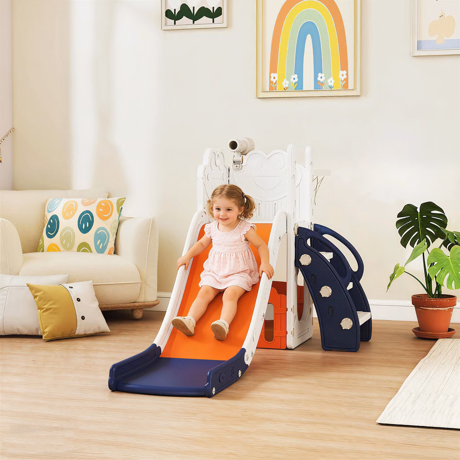 Set Scivolo per Bambini 5 in 1 AIYAPLAY con Canestro, Scaletta, Telescopio e Contenitori, Blu scuro – 2