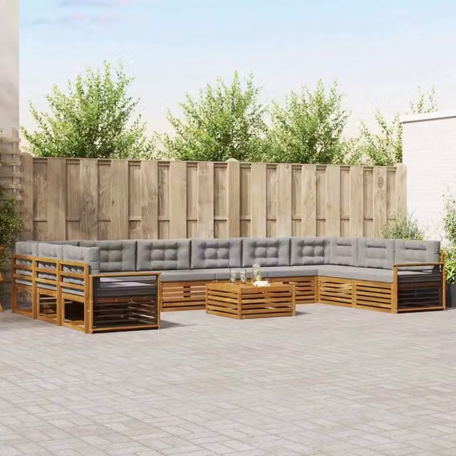 Set di divani da giardino a forma di L vidaXL in legno di acacia con tavolo da caffè e cuscini Grigio – 1