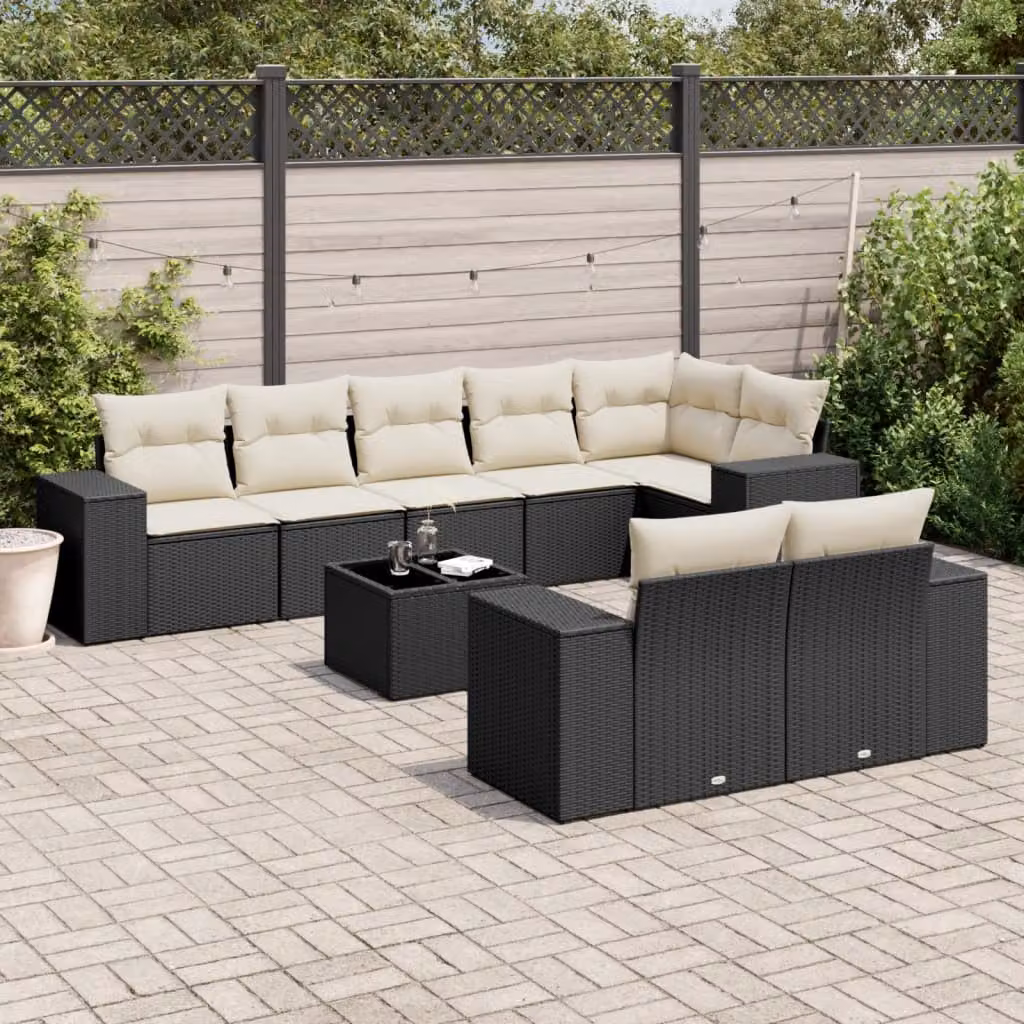 vidaXL Set Divani da Giardino a L 9 pz in Polyrattan Nero con Cuscini e Tavolino da Esterno – 1