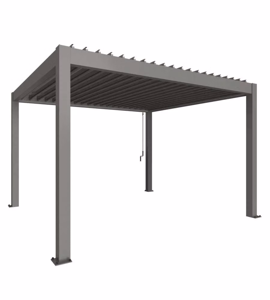 Pergola Biohort in metallo grigio per esterni con design moderno e tetto piatto