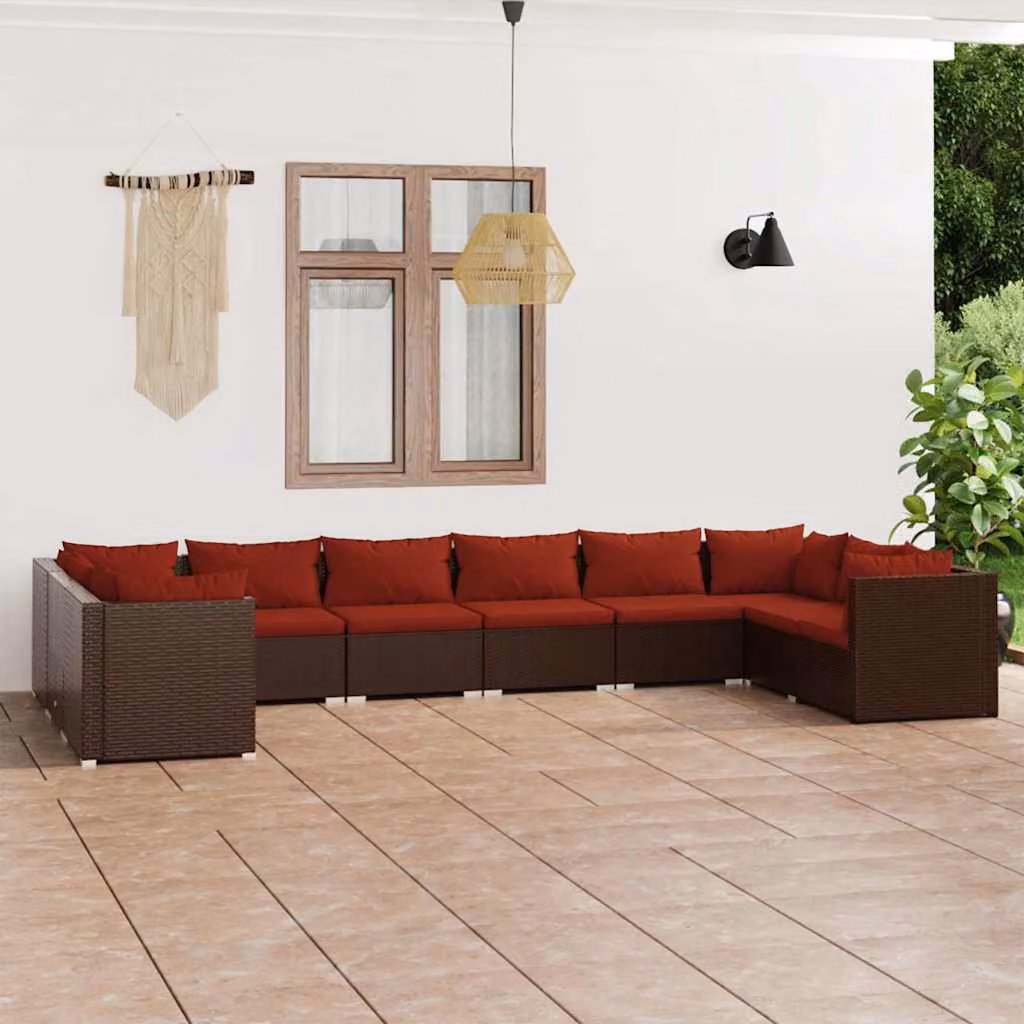 vidaXL Set di Divani da Giardino a Forma di L con Cuscini, Struttura in Metallo e Polyrattan Marrone e Rosso