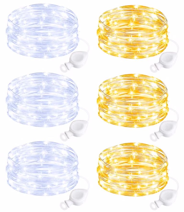 Set di 6 catene luminose a LED, lunghezza 2 metri, 20 LED, luce bianco caldo e bianco freddo, alimentazione a batteria