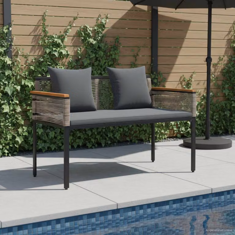 Panchina da esterno a 2 posti vidaXL in polyrattan con cuscini, Grigio e Antracite, L: 117 cm, P: 54 cm, H: 74.5 cm