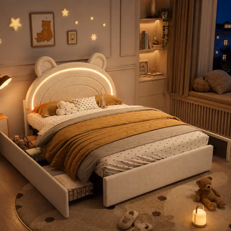 Letto imbottito per bambini 140x200 cm, color beige, con testiera a forma di orsetto, 4 cassetti e illuminazione LED controllata tramite app, ideale per camerette per bambini e ragazzi