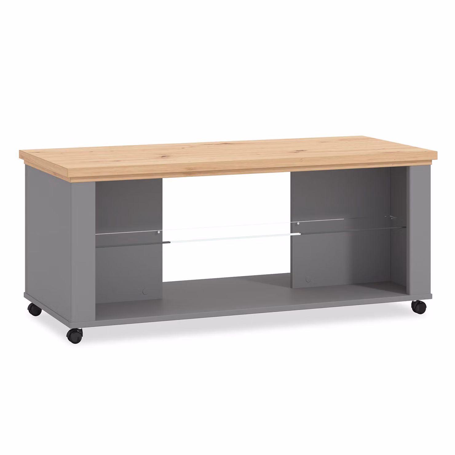 Homestyle4u Tavolino da caffè in legno vetro grigio Tavolo rettangolare da soggiorno Tavolo in legno con rotelle