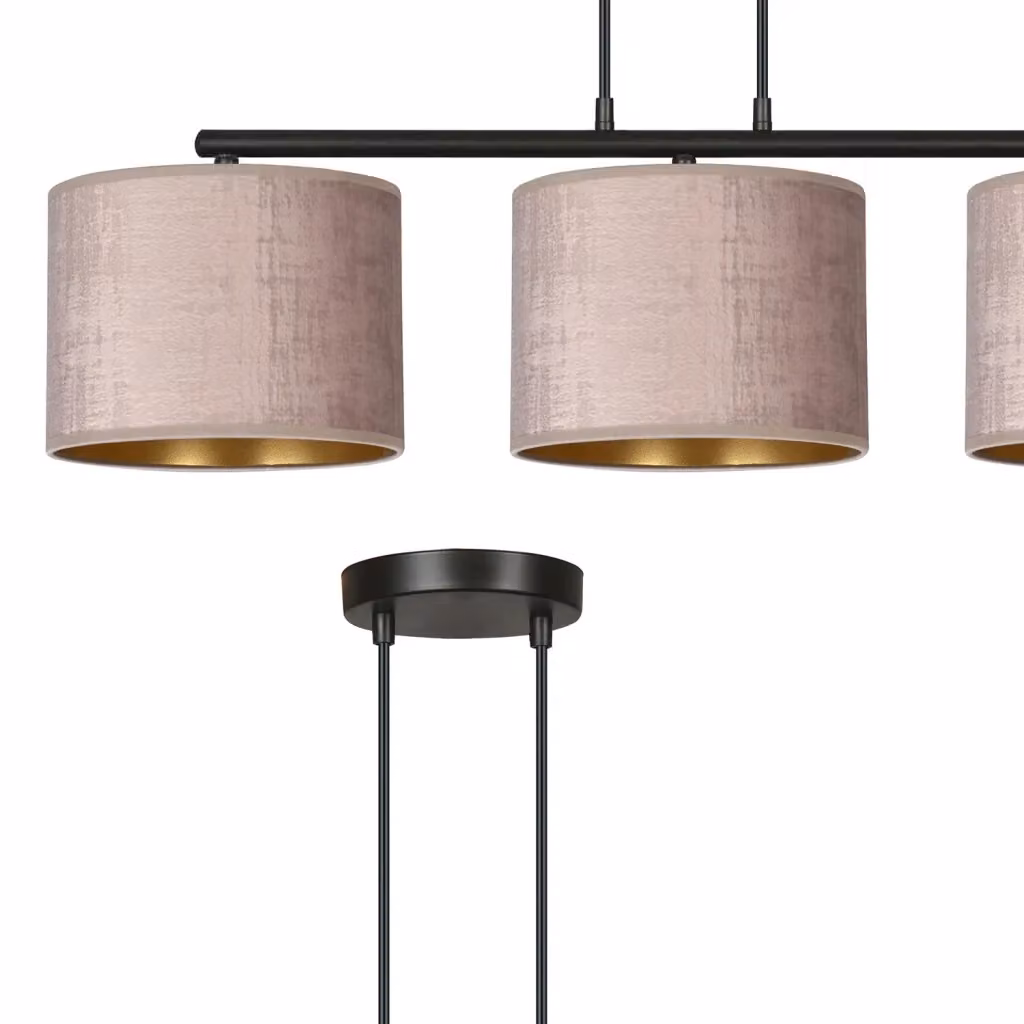 Lampadario a sospensione Luceart-Classic Vinayaka con 3 luci in metallo nero e paralumi in tessuto rosa e oro – 2