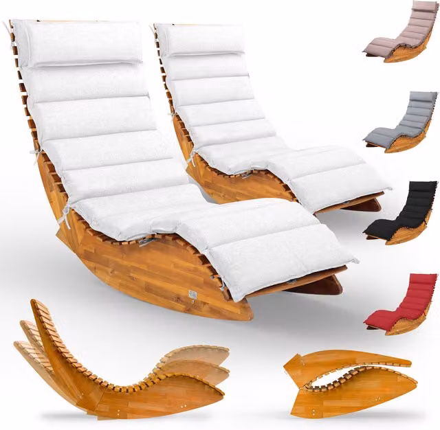 Set di 2 lettini sauna Java CASARIA in legno di acacia certificata FSC con cuscini beige e poggiatesta regolabile