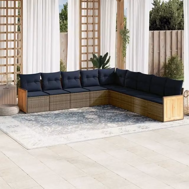 Set Divani da Giardino 9 pz con Cuscini Grigio in Polyrattan 3227741