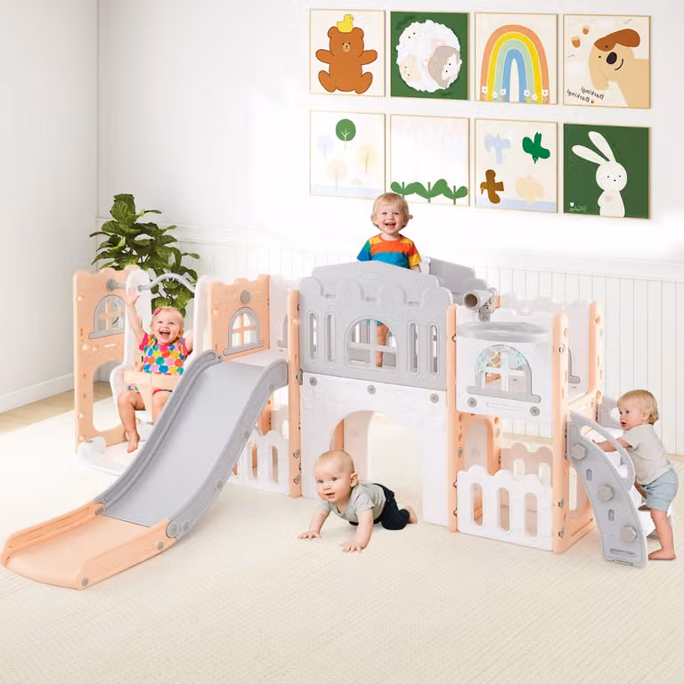 Set gioco 10 in 1 con altalena, scivolo e canestro da basket telescopico Costway per bambini da interno, Grigio