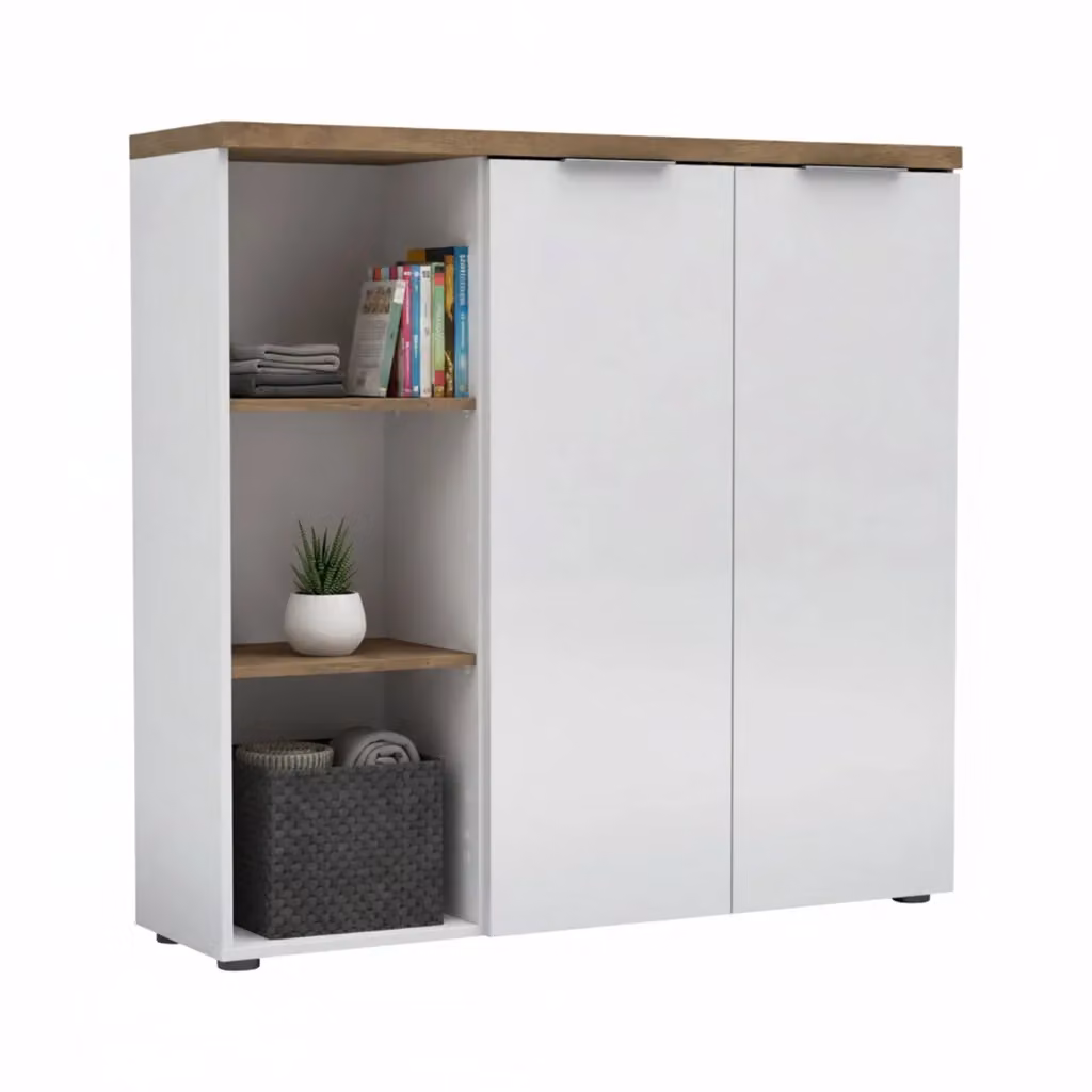 Armadio Multiuso DMORA con Ante a Battente e Ripiani Interni, Bianco e Marrone, L 120 cm x H 115 cm x P 34 cm – 2