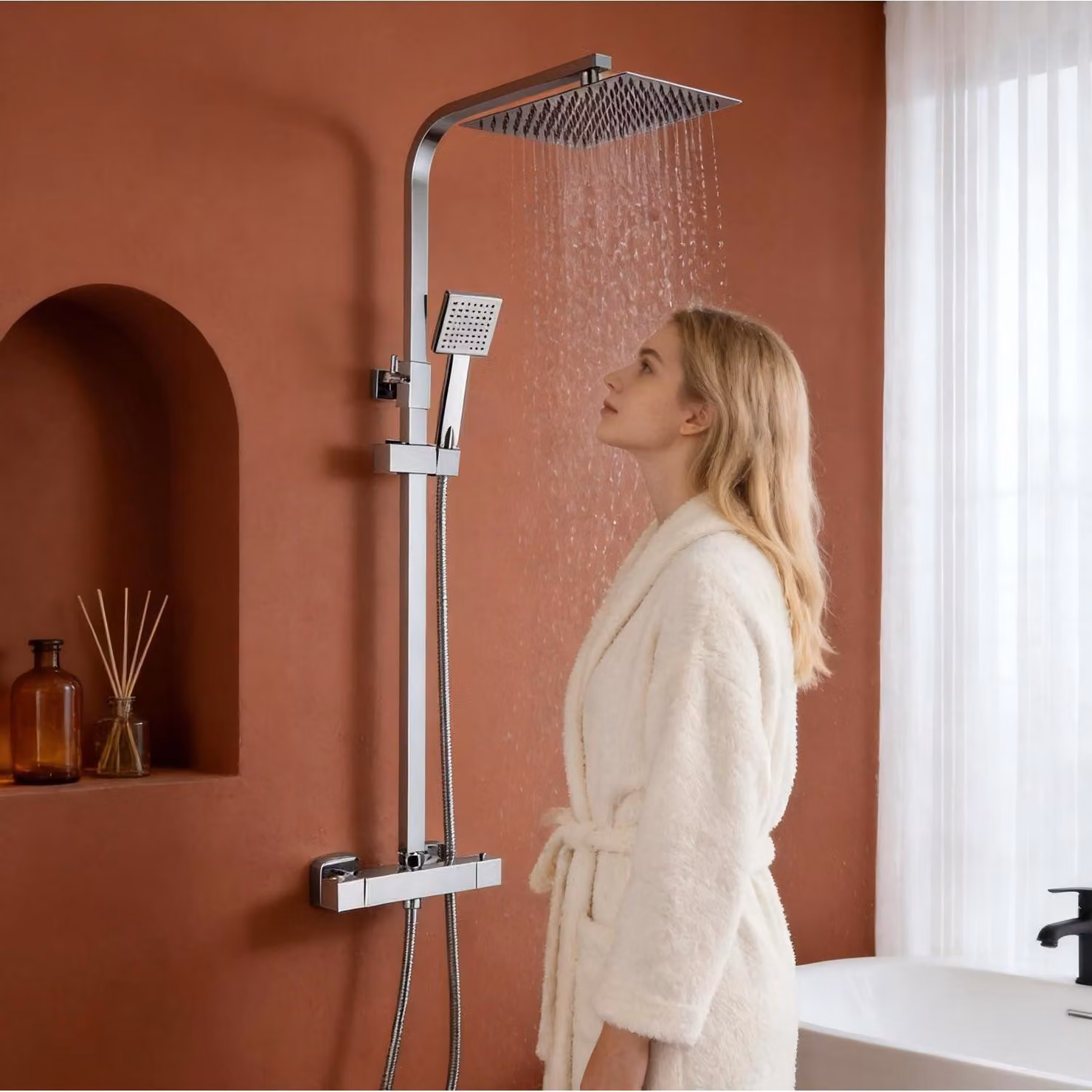 Sistema doccia termostatico, cromo, 20 cm. Doccia a pioggia, altezza regolabile da 70 a 110 cm
