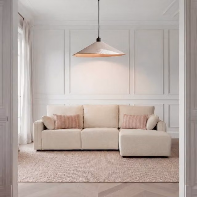 Divano Altea Banak a 3 posti con chaise longue destra, modello moderno beige con sedili regolabili e cuscini inclusi