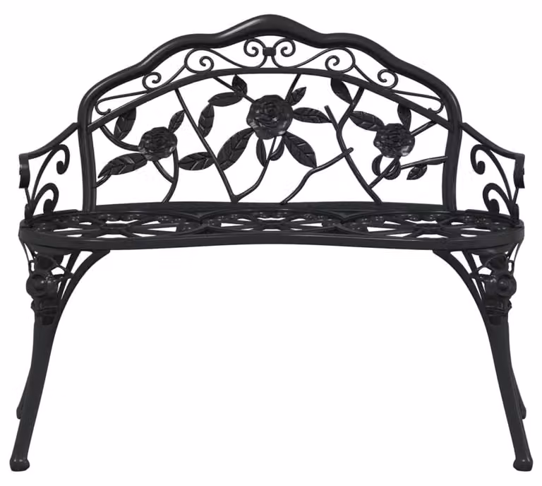 Panca da giardino in alluminio - 100 cm - Colore nero - Gambe in ghisa - Motivo floreale - Design compatto