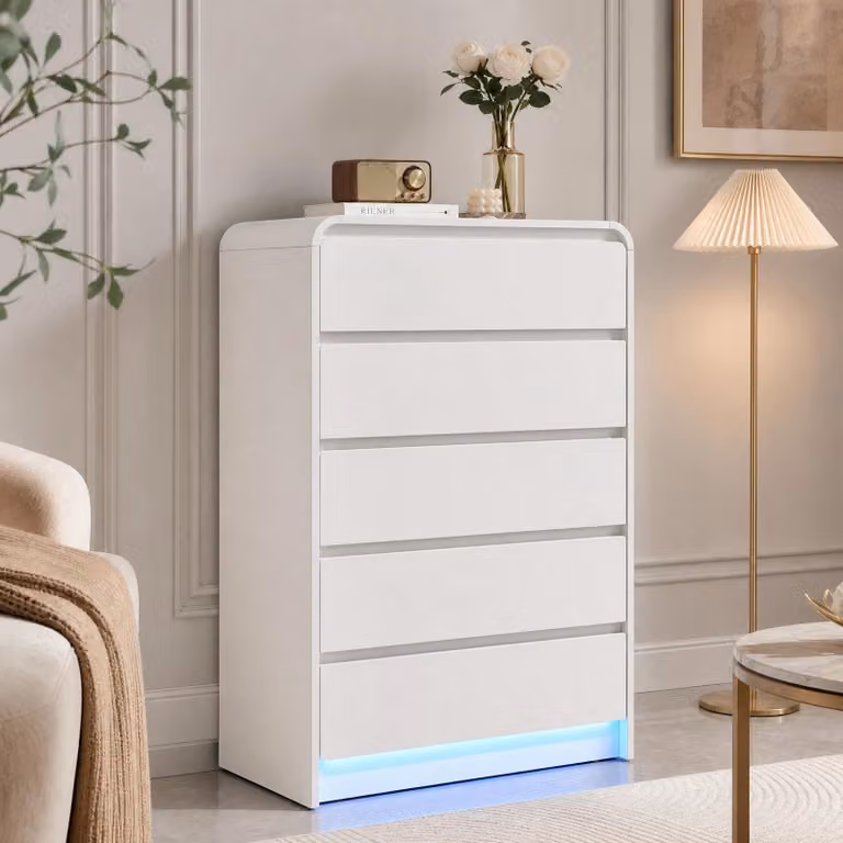 Comodino INONEFT con LED, mobile contenitore con 5 cassetti, mobile portaoggetti in legno con ampio spazio di stoccaggio, mobile TV per il soggiorno, 73x40x110 cm, bianco