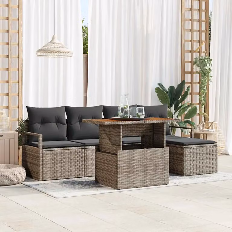 Set Divano da Giardino vidaXL 6 Pezzi Grigio con Tavolino, Ottoman e Cuscini in Rattan e Metallo