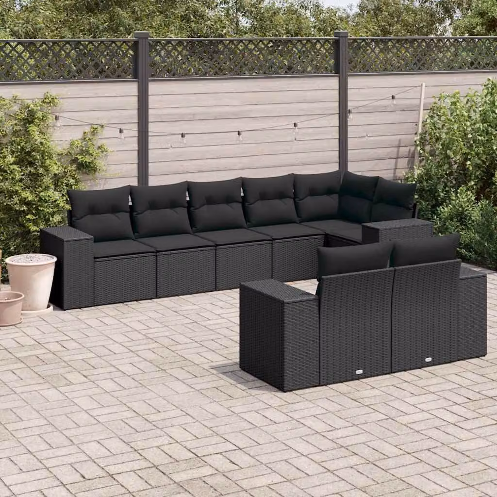 Set Divani da Giardino vidaXL a Forma di L con 8 Cuscini in Polyrattan Nero – 1