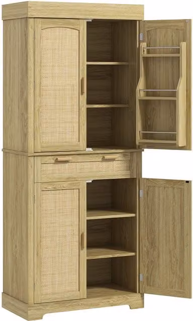 Credenza Cucina Boho HOMCOM in Legno e Rattan con Armadietti e Cassetti, Colore Rovere, L: 76 cm, P: 40 cm, H: 183 cm – 1