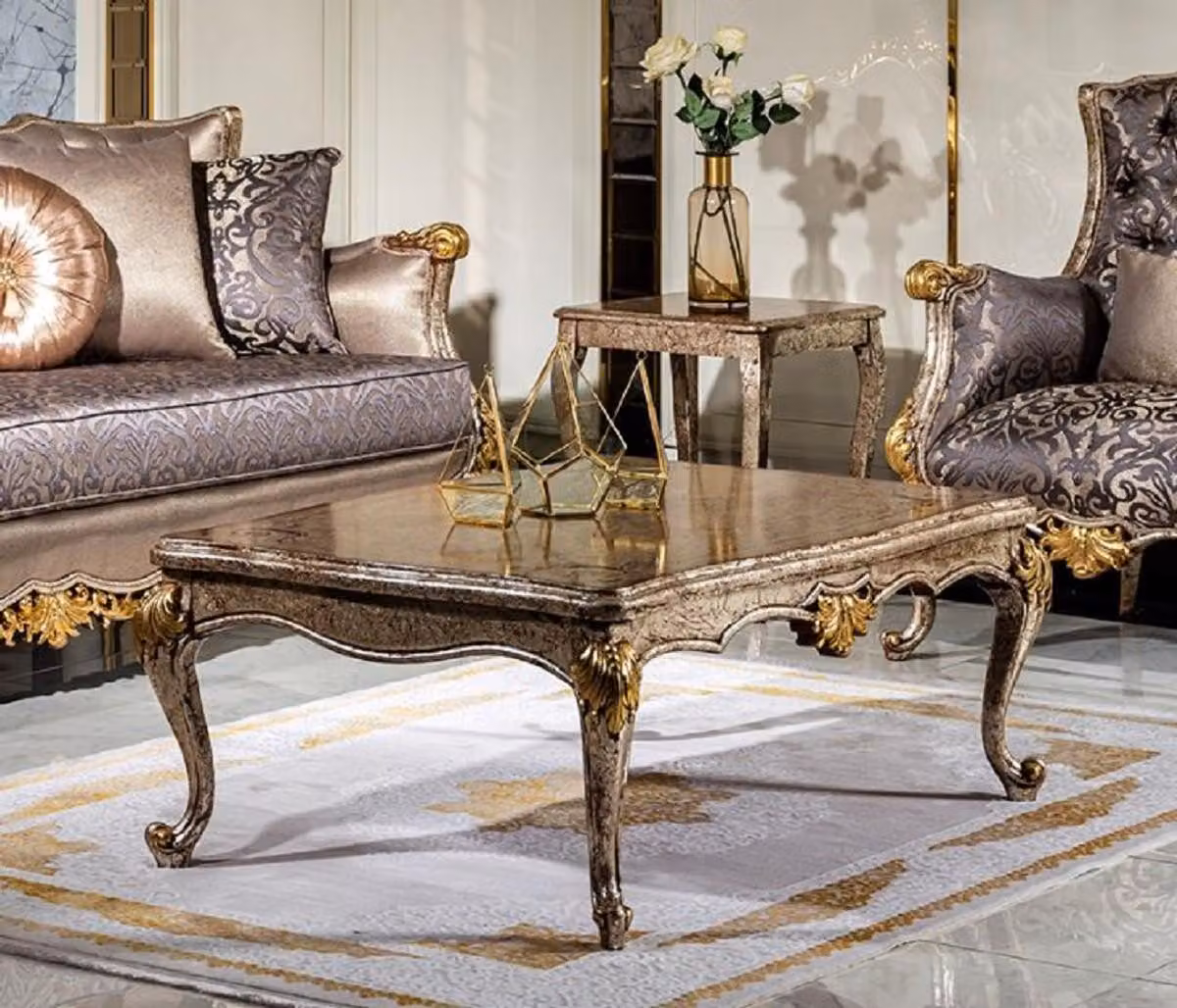 Casa Padrino tavolino barocco argento antico / marrone / oro - Tavolo da salotto in legno massiccio fatto a mano in stile barocco - Nobile mobile da salotto barocco