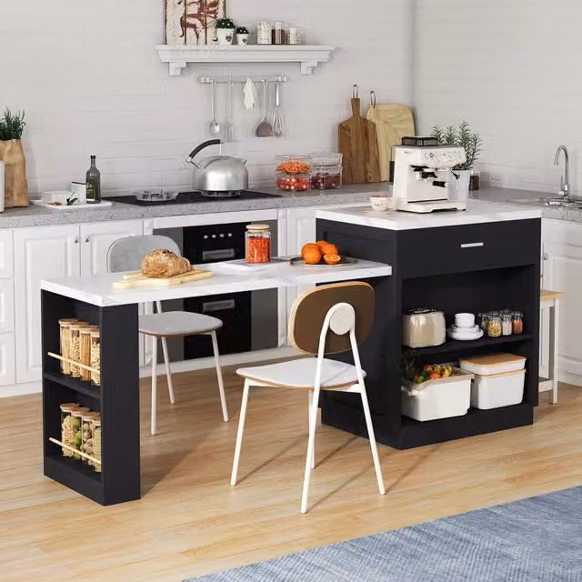 Carrello da cucina con tavolo da pranzo estensibile, 2 cassetti, armadietto e ripiani aperti, per cucina, nero, 211 × 55 × 89,5 cm