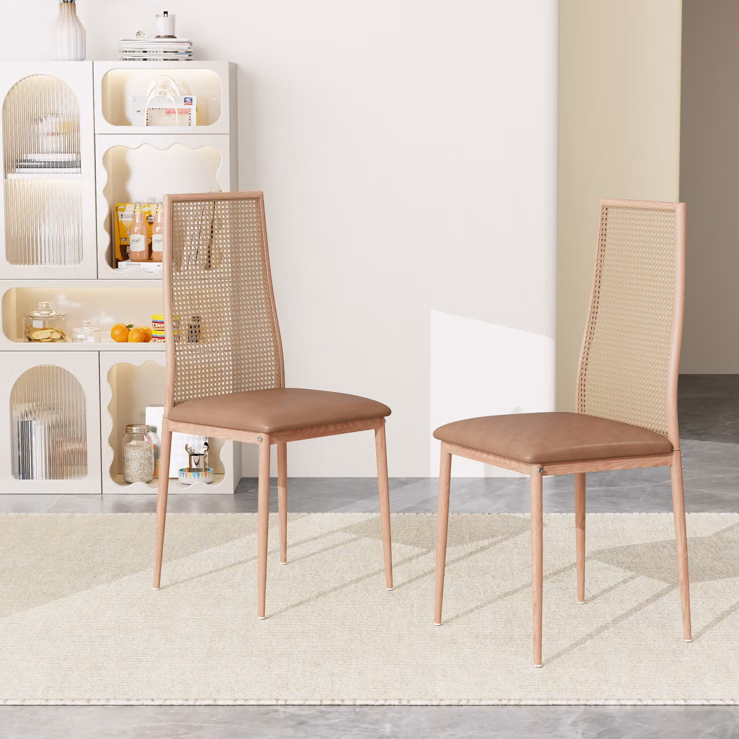 CDGlobal set di 2 sedie da pranzo in lino sedia da cucina in rattan con schienale intrecciato, sedia d'accento con gambe in metallo sedia imbottita vintage per sala da pranzo/cucina/soggiorno