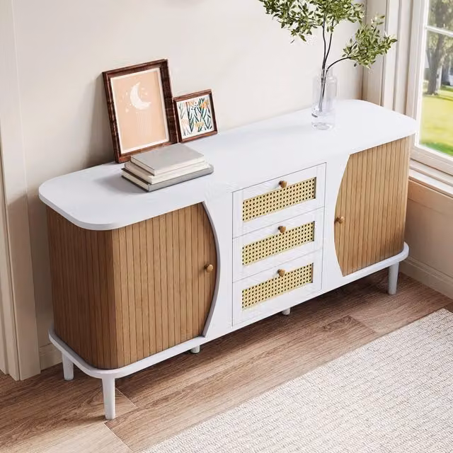 Madia REDOM moderna con ante in legno e cassetti in rattan, bianca e marrone, L: 140,5 cm, P: 40 cm, H: 76 cm