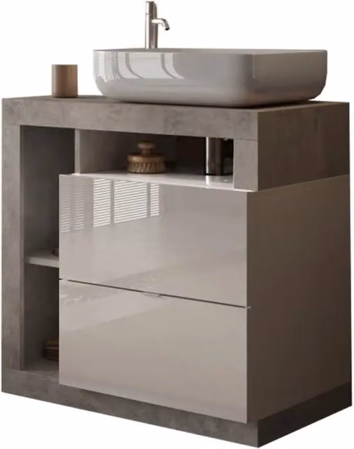 Mobile da bagno BURA – 79 cm – Bianco lucido e cemento – Lavabo incluso – 2 cassetti