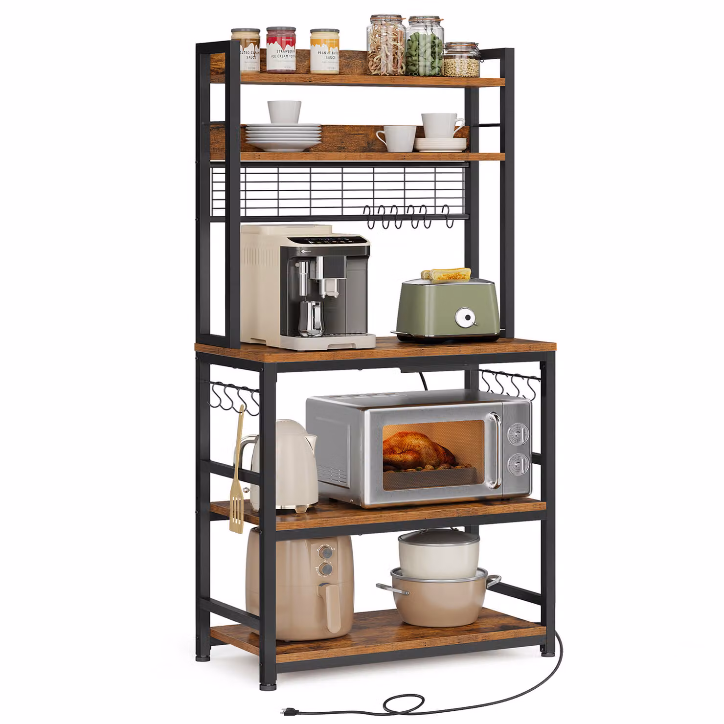 Scaffale da cucina VASAGLE, scaffale in piedi con prese, ripiano in rete, 14 ganci, 40 x 80 x 170 cm