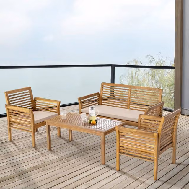 Set Salottino da Esterno Candel casa.pro in Legno di Acacia con Divano a 2 Posti, Poltrone e Tavolino, Colore Marrone e Beige con Cuscini Inclusi