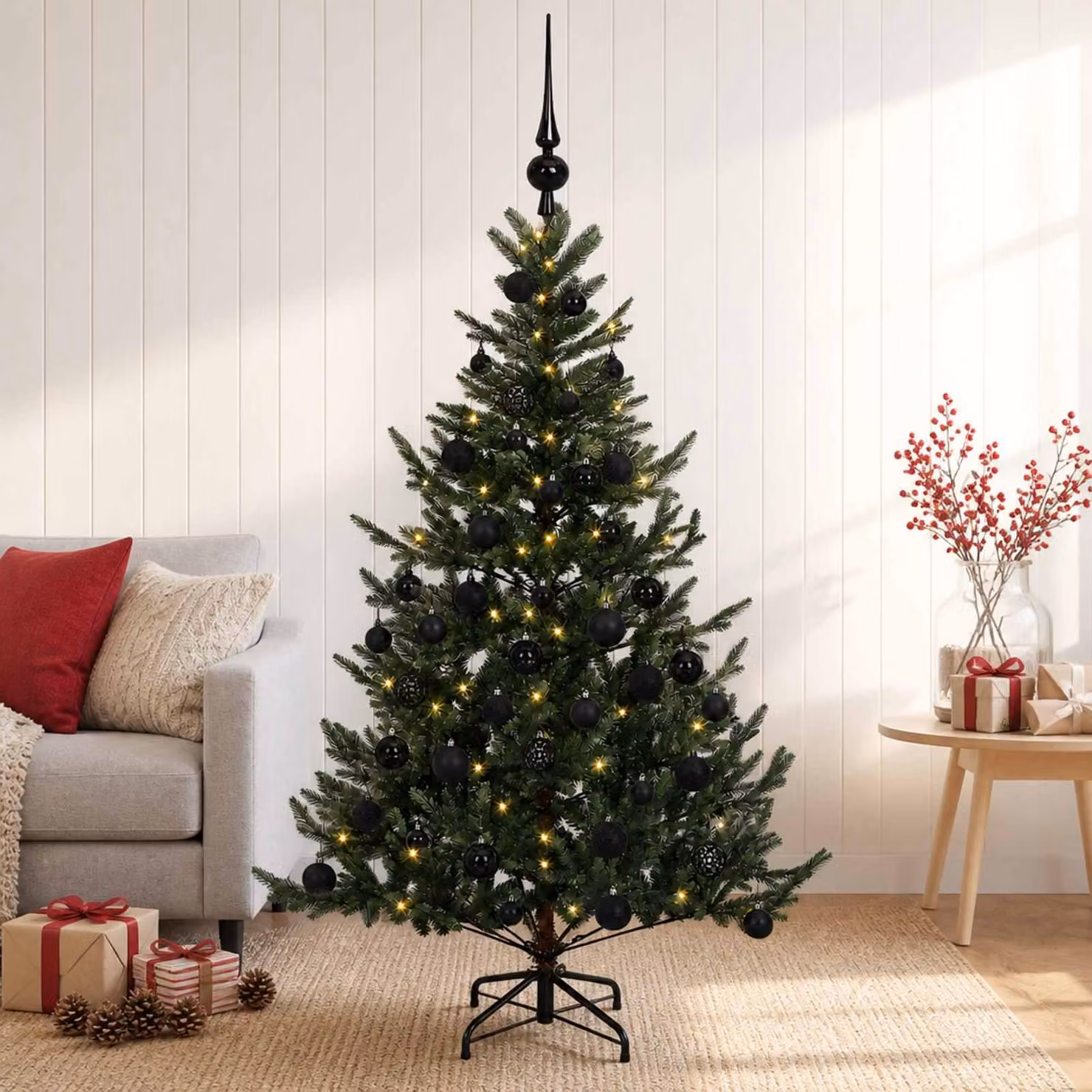 Albero di Natale artificiale con decorazioni natalizie, altezza 150 cm, 150 luci LED