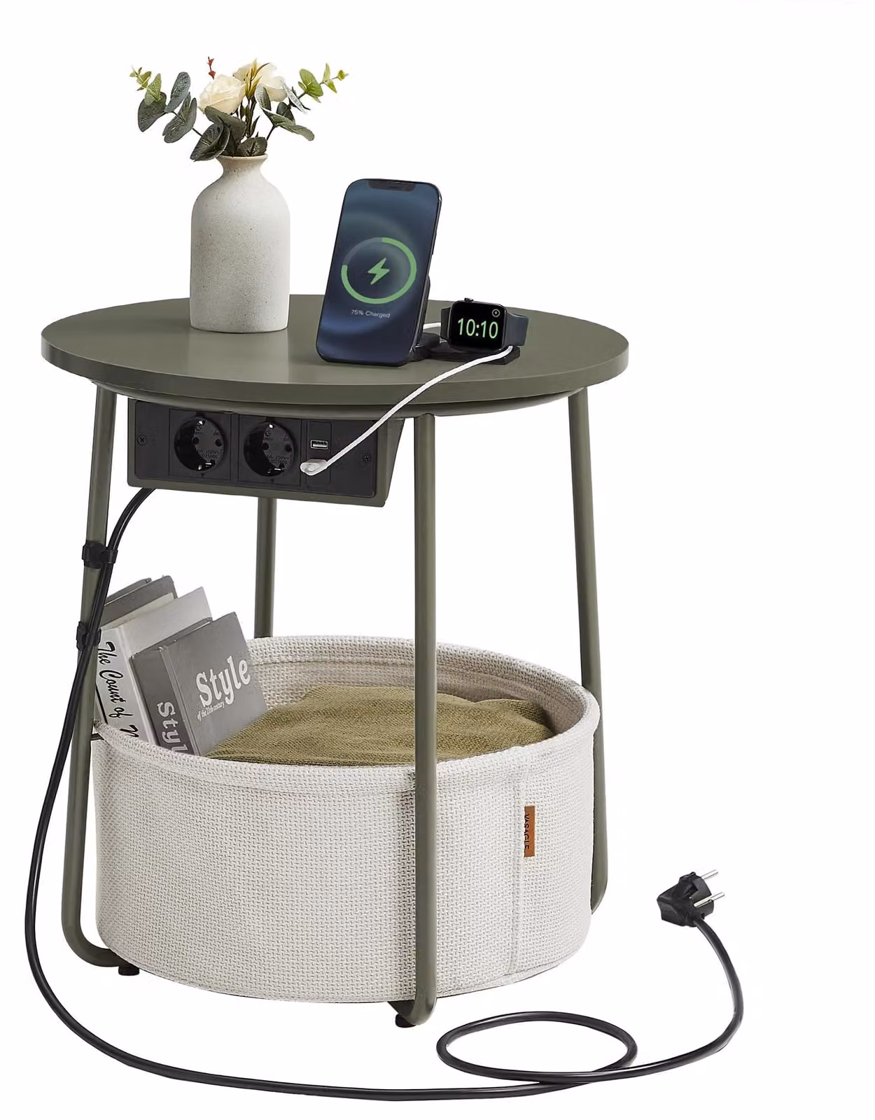 Tavolino, Tavolino Rotondo Con Stazione Di Ricarica E Cestino In Tessuto, Spazioso, Per Soggiorno, Camera Da Letto, Comodino, Nuovo