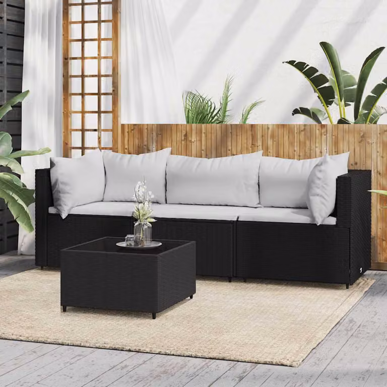 Set da giardino moderno vidaXL in polyrattan nero con divano a 3 posti, elemento angolare, tavolino da esterno e cuscini in schiuma