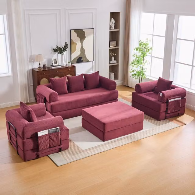 Divano modulare OKWISH a 4 posti in velluto a coste rosso con struttura in metallo e cuscini, L/P/H: 200 x 190 x 67 cm