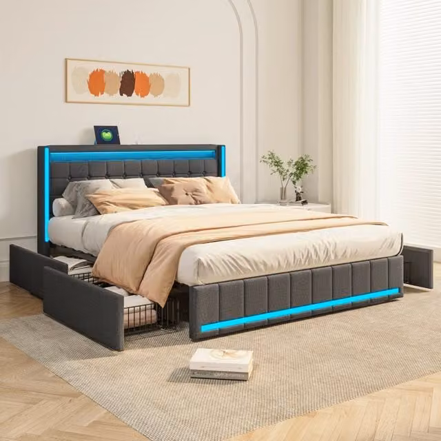 Letto matrimoniale imbottito con cassetti LED ¨C Minimal ¨C Grigio scuro tessuto lino 140x200cm, porta USB testiera pediera metallo