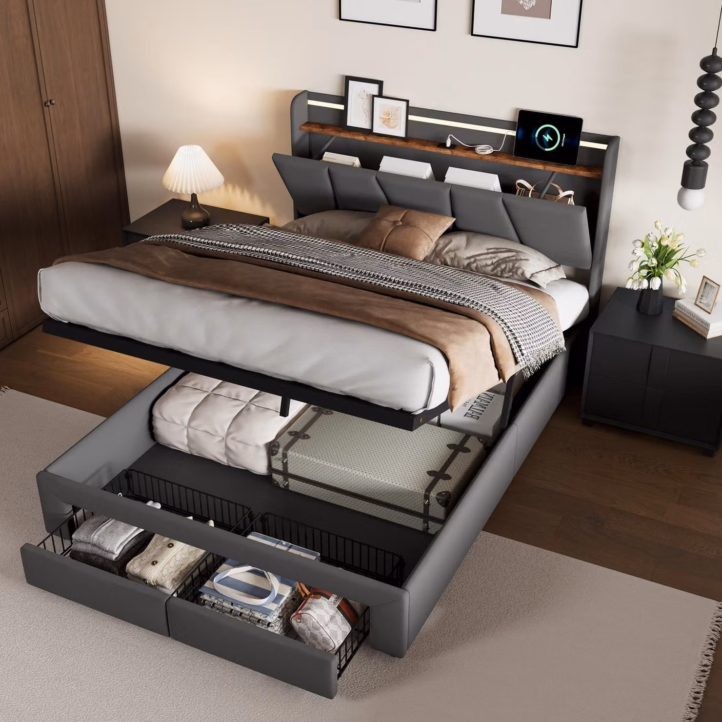 Letto ProximaX con base a gas 140x190 cm con illuminazione a LED, stazione di ricarica USB e 4 cassetti, testiera con vano contenitore, tessuto in lino, grigio