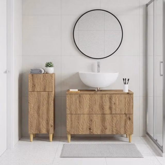 Set di mobili da bagno moderno vidaXL composto da mobile lavabo e mobile contenitore in legno color rovere marrone con ante a cerniera e ripiani interni
