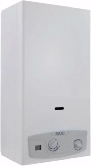 Scaldabagno a camera aperta Baxi ACQUAPROJET+ BLUE 11i GL GPL a tiraggio naturale con display ed eco mode, colore blu e bianco
