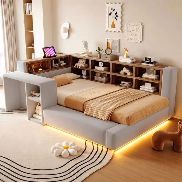 Letto imbottito ULEVR 90x200 cm con ripiani, LED regolabile e prese integrate, velluto grigio chiaro