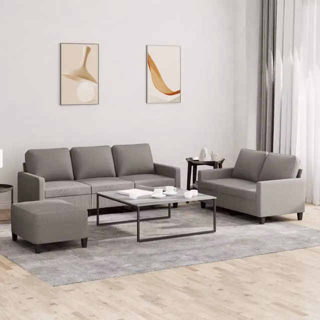 Set di divani moderno vidaXL composto da un divano a 3 posti, un divano a 2 posti e un pouf, in tessuto beige e grigio con cuscini inclusi – 1