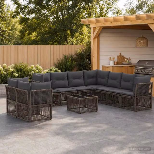 Set Divano da Giardino a L con Tavolino vidaXL, 10 Pezzi, Grigio con Cuscini e Struttura in Metallo e Polyrattan