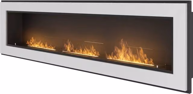 Caminetto a bioetanolo da incasso a parete Sololed Frame 1800 con vetro e 3 bruciatori da 1 litro, Bianco, L: 180 cm, P: 16 cm