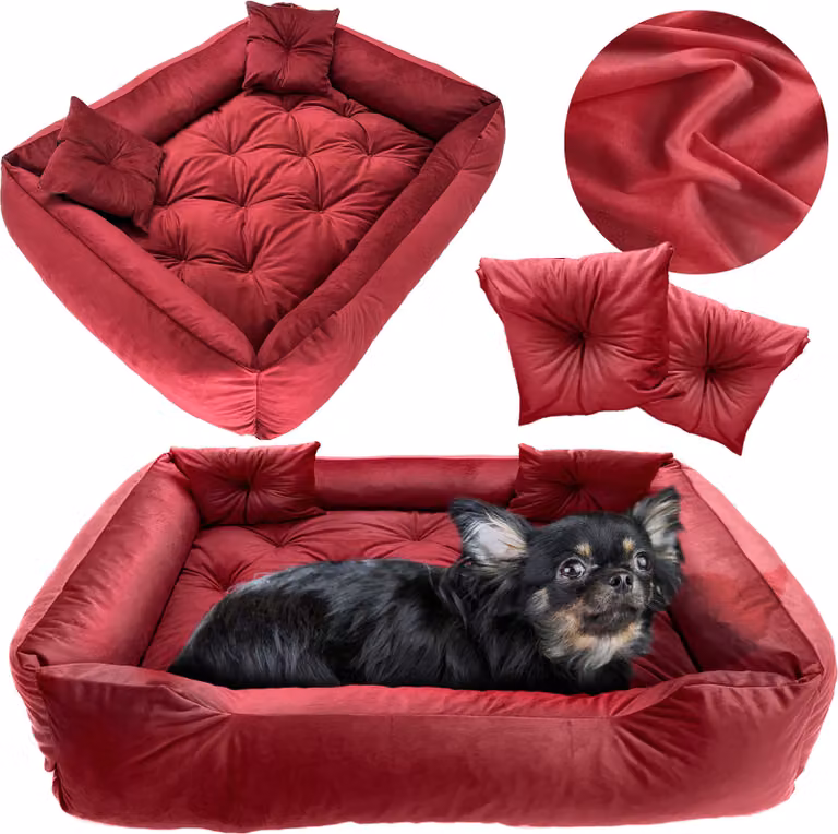 Cuccia per cani, lettino 120x90 cm, cuscini trapuntati, divano, lettino, recinto, velluto, rosso