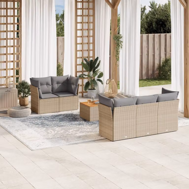 Set di divani da giardino vidaXL composto da 6 pezzi con cuscini in polyrattan e legno di acacia oliato, colore beige e grigio