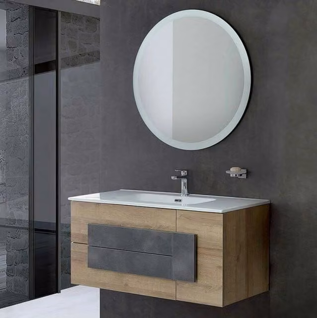 Mobile Bagno Sospeso 100 cm Legno Rovere Lavabo Specchio 2 Cassetti 1 Anta Urban Misura: Versione L 80 cm