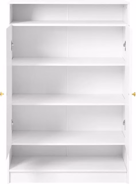 Armadio portascarpe moderno bianco con 2 ante, ripiani regolabili e maniglie dorate, 146x34x109 cm