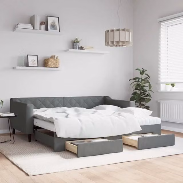 Divano Letto Estraibile con Cassetti vidaXL in Tessuto Grigio per Soggiorno e Camera da Letto L/P: 90 x 190 cm – 1