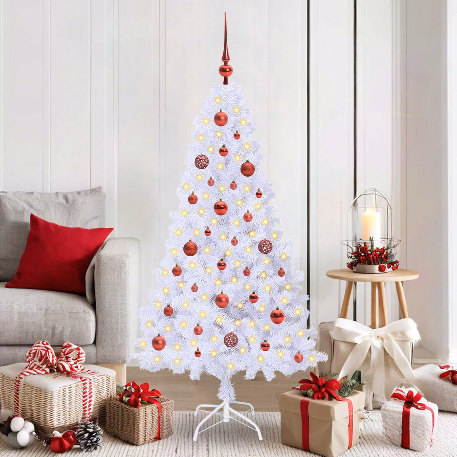 Albero di Natale artificiale moderno vidaXL bianco con LED in PVC e metallo, Altezza: 150 cm